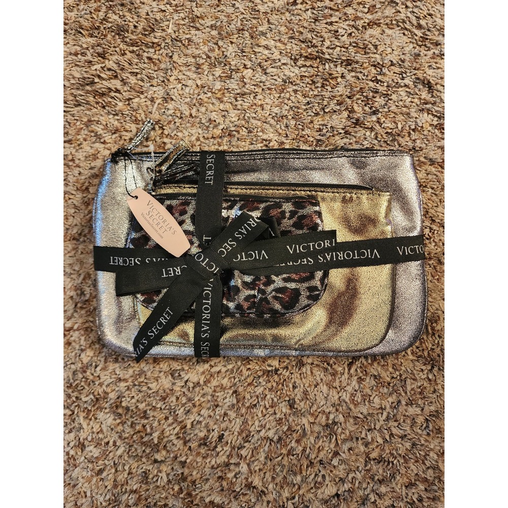 Victorias Secret 3 Piece Cosmetic Bag Set Silver Gold Leopard Metallic NWT